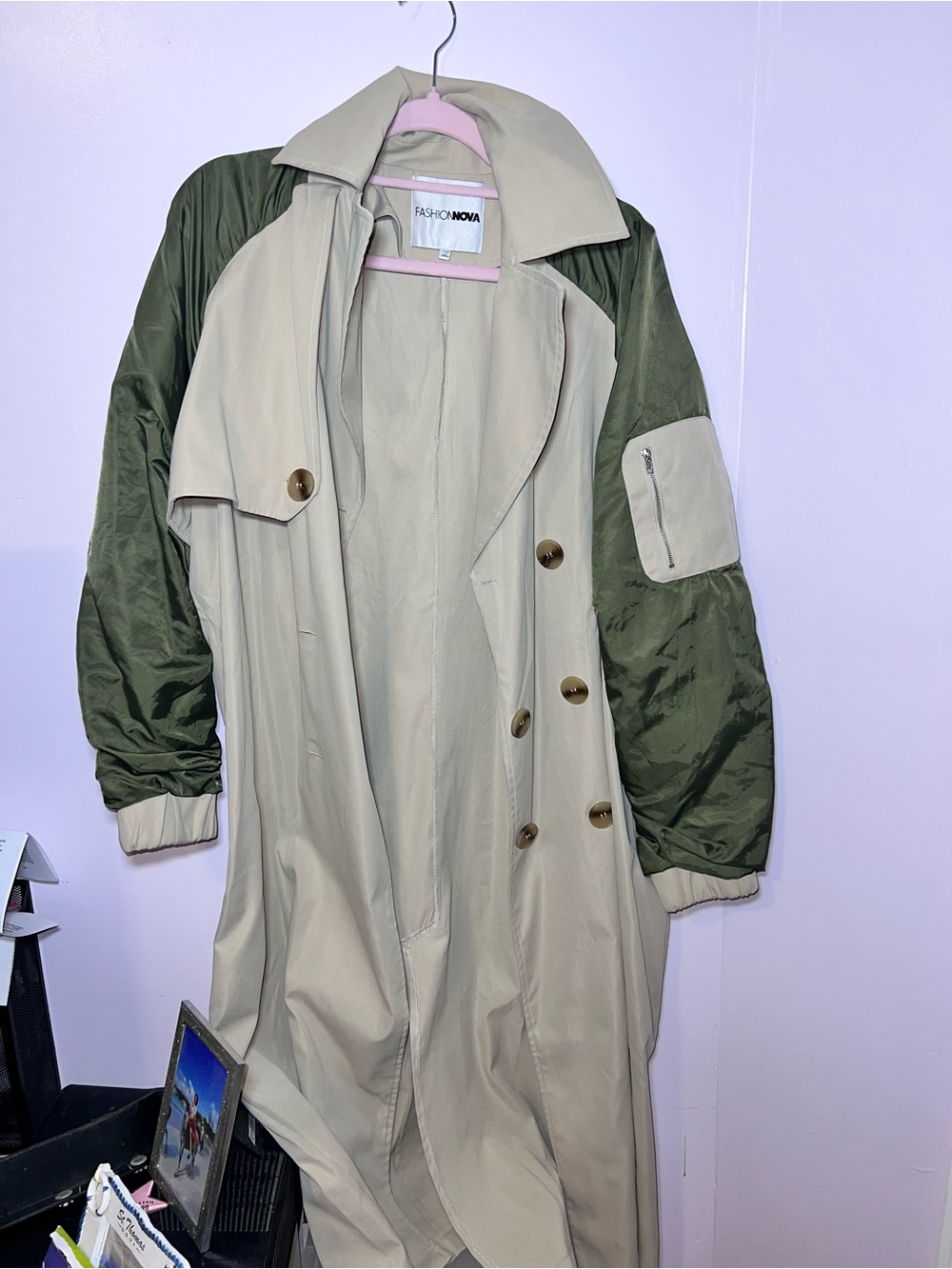 Fashion Nova Two-Tone Beige Trench Coat with Olive Green Sleeves